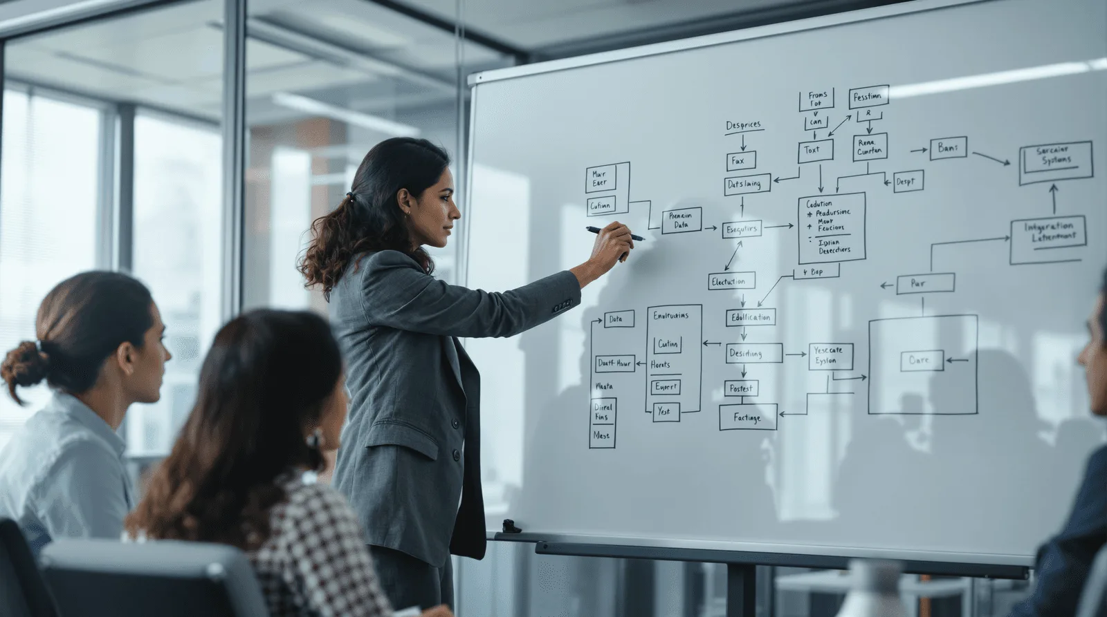 Enterprise architect mapping integration diagram on glass whiteboard with colleagues