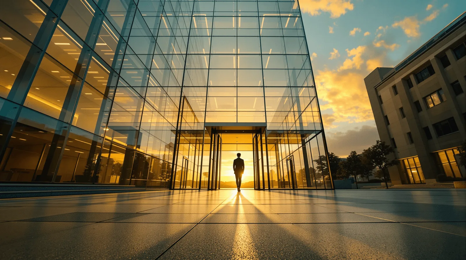 Silhouetted figure walking out of a glass corporate entrance at sunset