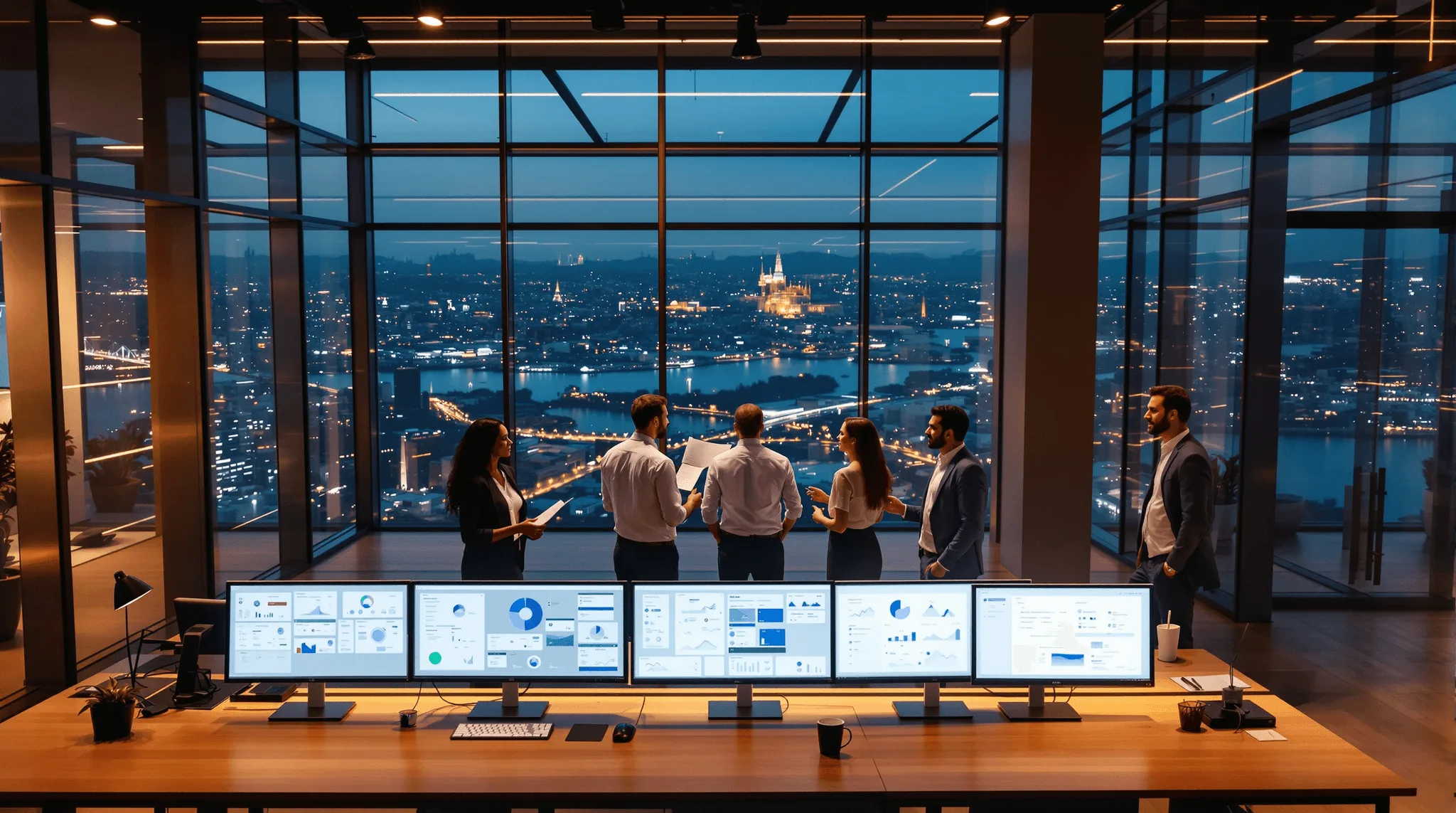 Enterprise development team reviewing web architecture diagrams at dusk