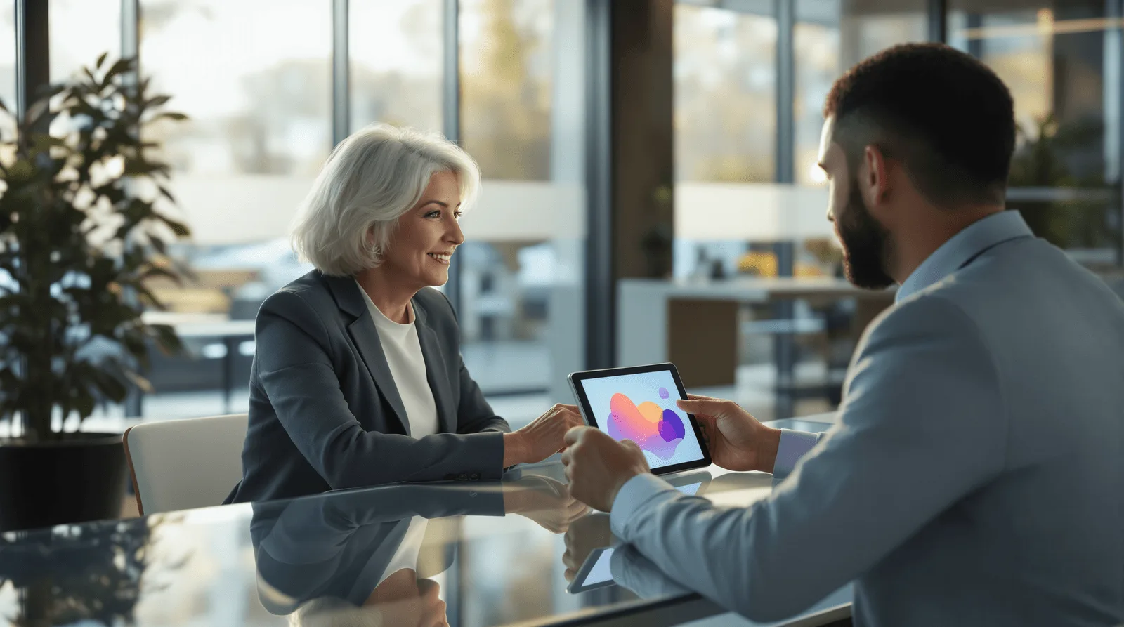 Business professionals reviewing a mobile app design on a tablet during a collaborative office meeting.