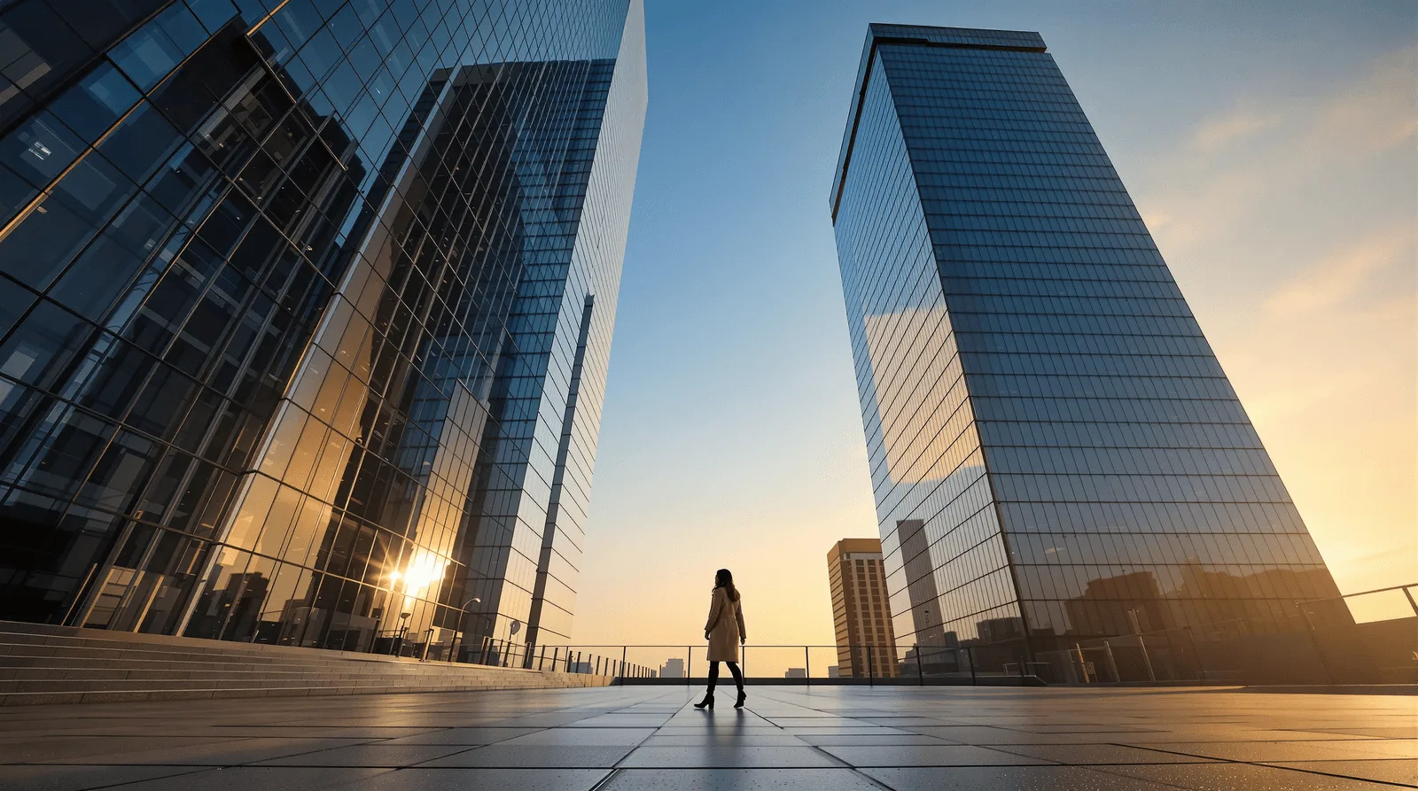 Professional walking toward financial district towers at golden hour