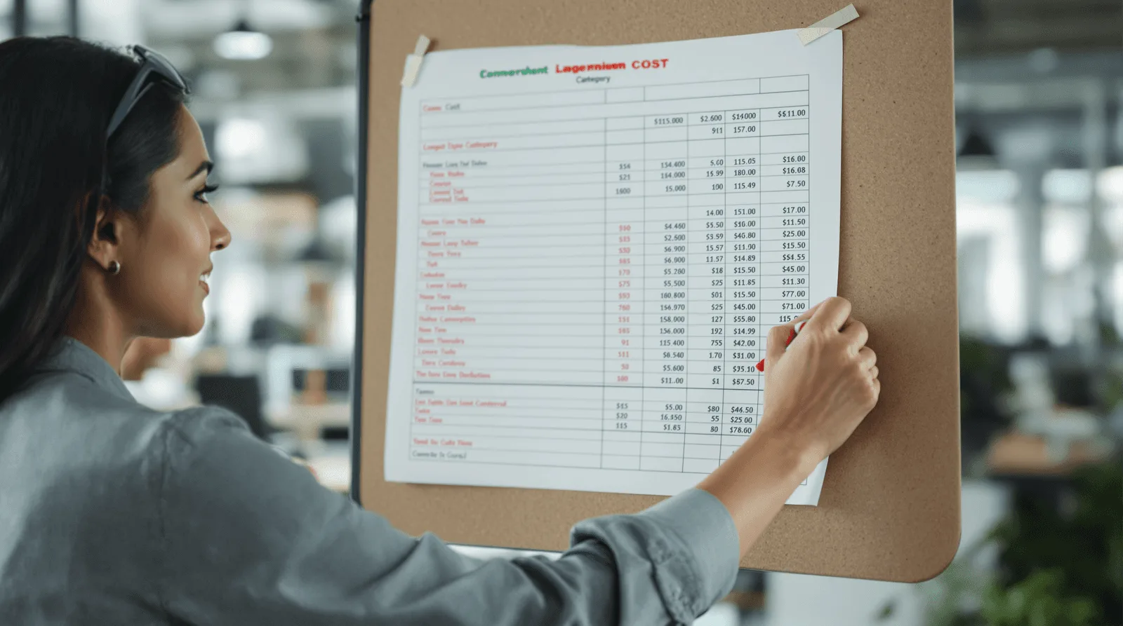Product manager annotating LLM cost comparison spreadsheet on corkboard