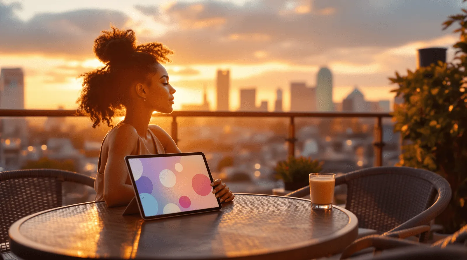 Professional using a tablet on a rooftop terrace at sunset with a city skyline in the background, representing remote work and digital productivity.