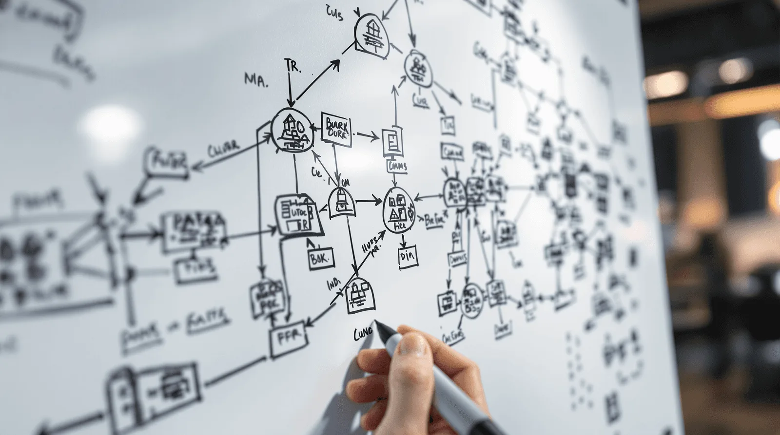 Engineer drawing IoT network topology diagram on office whiteboard