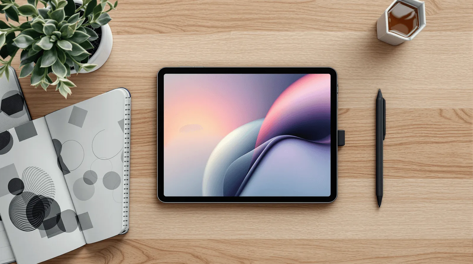 Professional digital design workspace with a tablet, stylus, and sketchbook for UI/UX design and responsive web design.