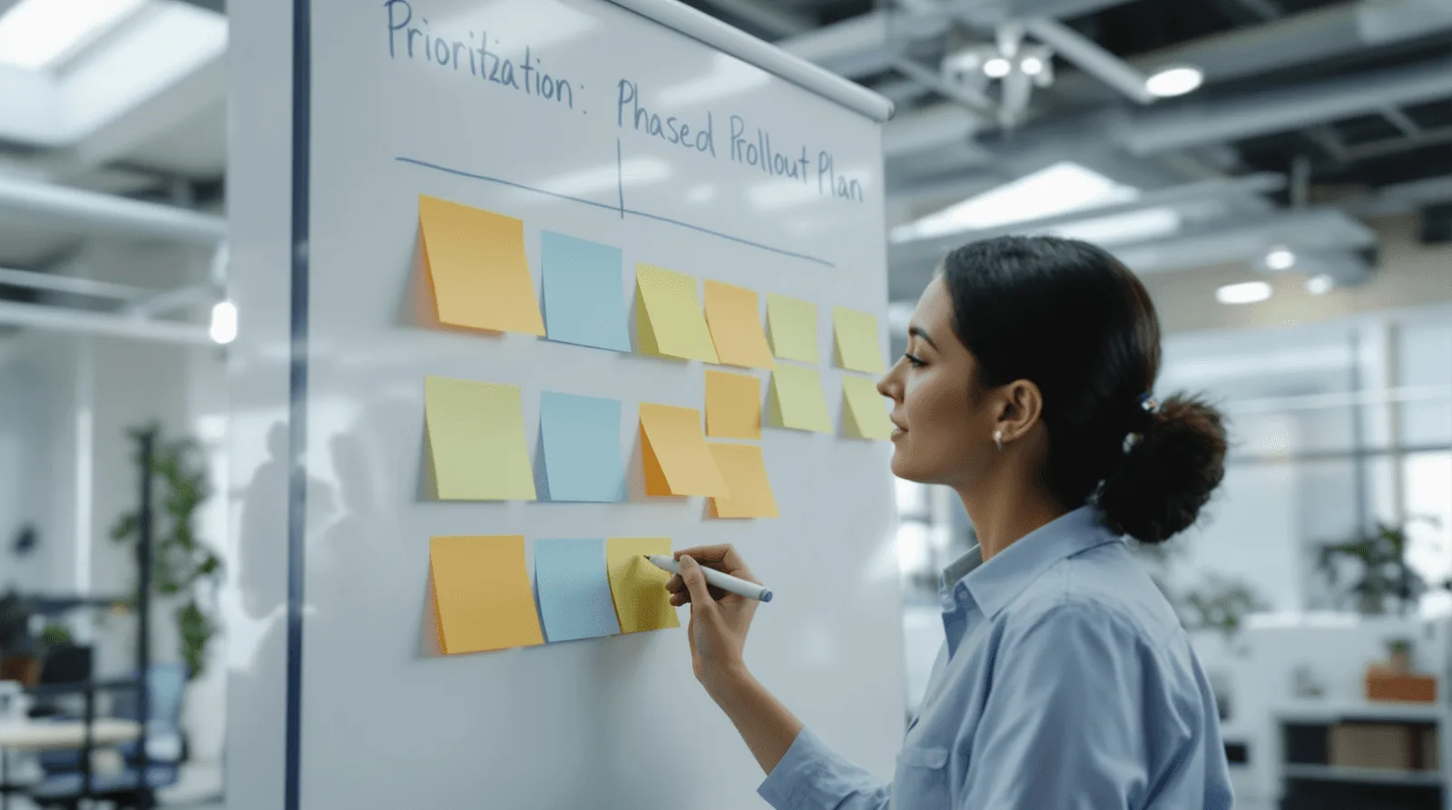 Designer organising colour-coded sticky notes into phased roadmap columns