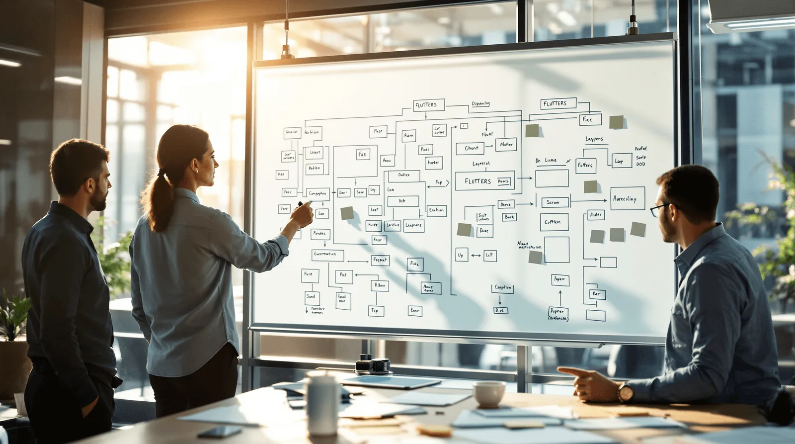 Engineers sketching layered app architecture on a glass whiteboard
